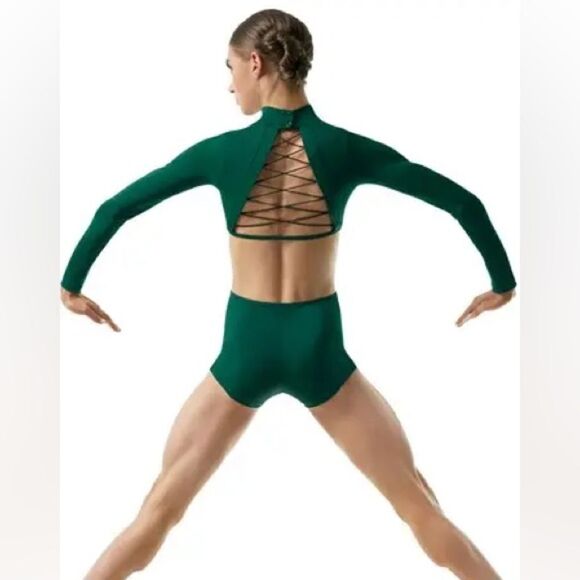 WEISSMAN Elite Green contemporary Dance leotard Lace Up Back Biketard MT10070 SA - Picture 1 of 9